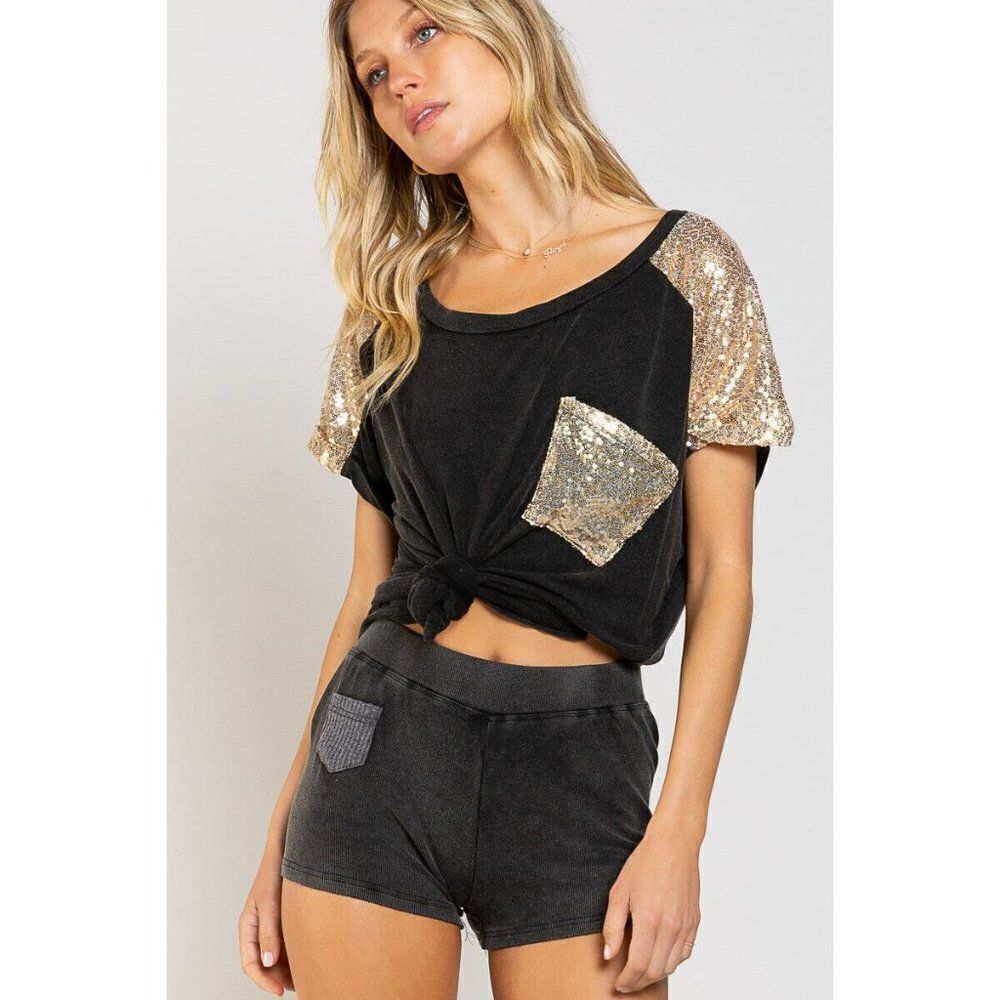 SALE! POL Clothing Shortie Shorts with Mini Pocket Ribbed Acid Wash Black SMP453